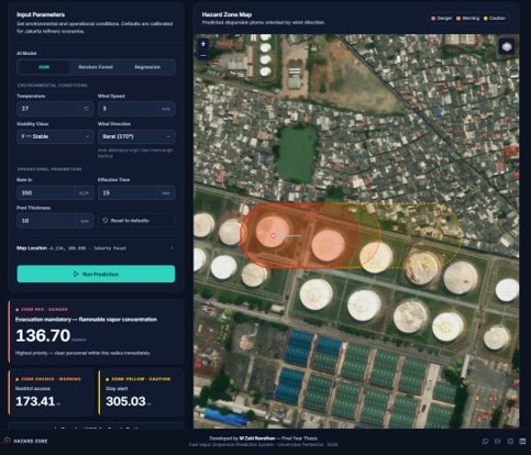 Live hazard zone web app showing predicted plume zones over a tank farm map